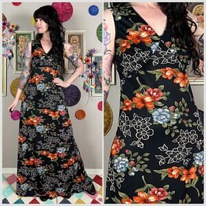 Vintage 1970s Black Floral Sleeveless A-Line Maxi Dress